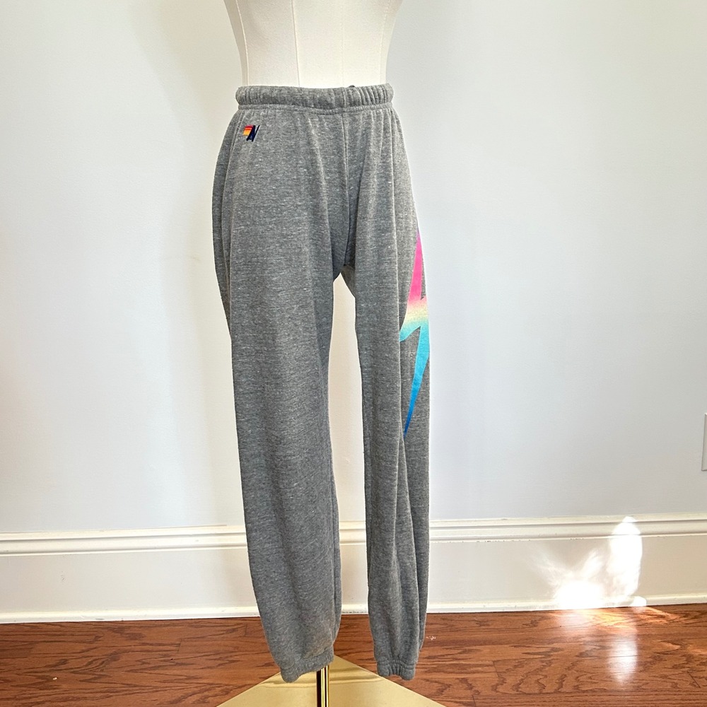 Aviator Nation Bolt Sweatpants XS Gray Rainbow Lightning Joggers Made in USA